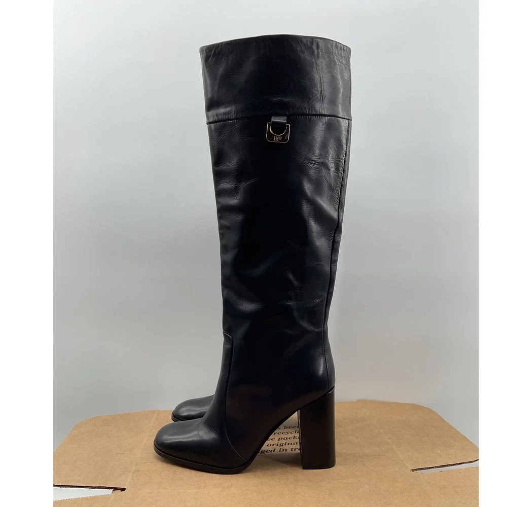 Diane von Furstenberg Black Leather Knee High Block Heel Boots Gold Logo DVF